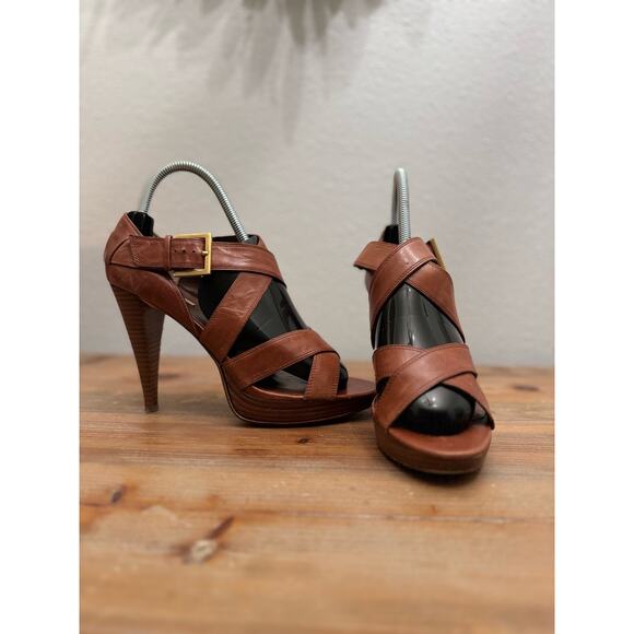 Max Studio Sandals Stiletto Platform Brown Leather Cross Strap Open Toe - Picture 2 of 10